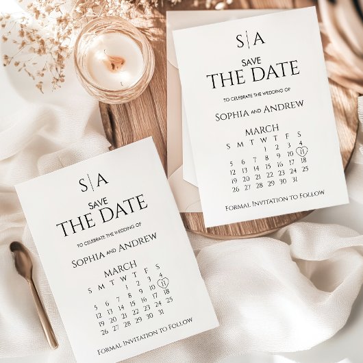 Carte de calendrier de monogramme de mariage à sau