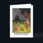 Carte de caveman<br><div class="desc">This funny caveman greeting card shows mans simultaneous discovery of fire and natural gas.</div>