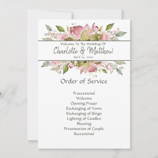 Carte de cérémonie de mariage aux roses en aquarel (Devant)