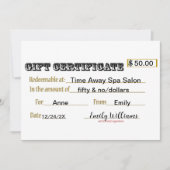 Carte de certificat cadeau (Devant)