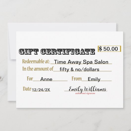 Carte de certificat cadeau (Devant)