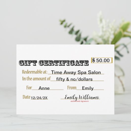 Carte de certificat cadeau (Debout devant)