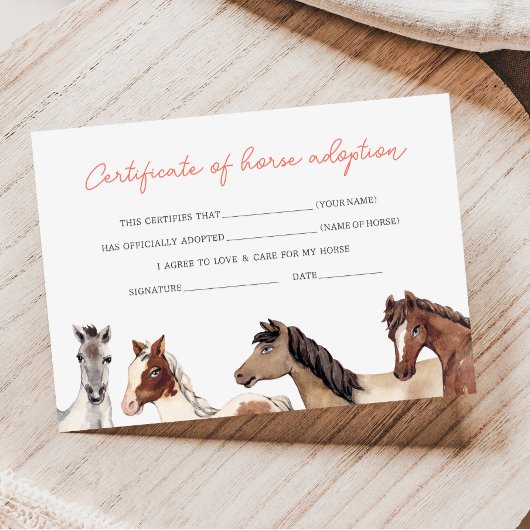 Carte de certificat d'adoption de cheval