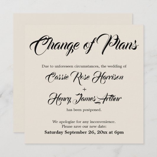 Carte de changement de plan Mariage reportée à la  (Devant / Derrière)