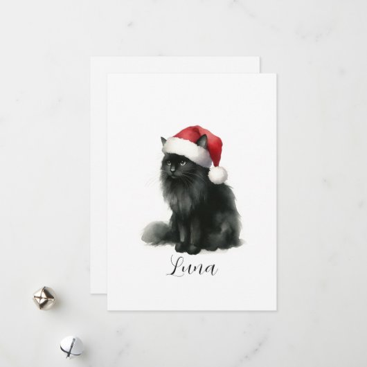 Carte de chapeau de Père Noël festif de chat noir  (Devant/Arrière en situation)
