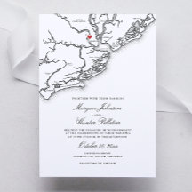 Carte de Charleston SC Côtière Mariage Noir et Bla