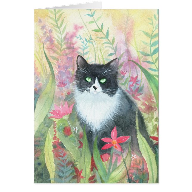 Carte de chat tuxedo dans un jardin (Devant)
