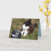 Carte de chats noirs mignons jouant au football en (Fleur jaune)