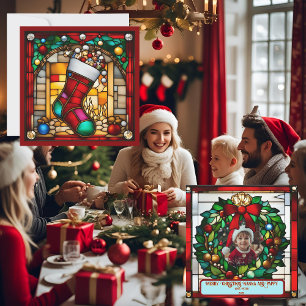 Carte de chaussette de Noël en faux vitrail