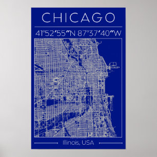 Carte de Chicago Blueprint Affiche Bleue Minimalis