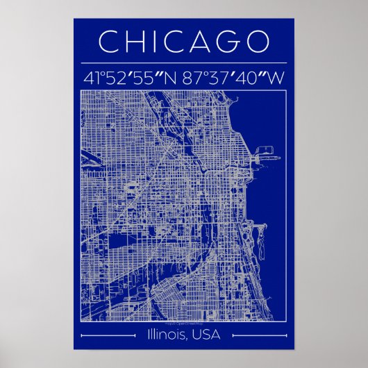 Carte de Chicago Blueprint Affiche Bleue Minimalis (Devant)