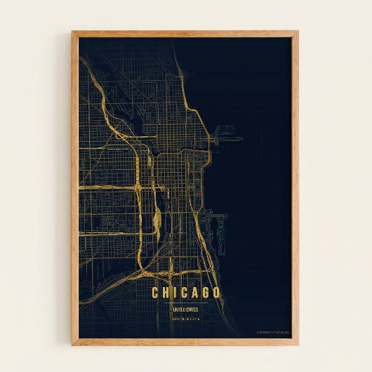 Carte de Chicago dorée impression sur toile affich