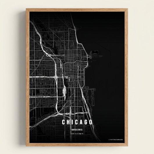 Carte de Chicago Noir Impression d'art mural Affic
