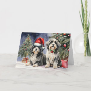 Carte De Chien Deux Terriers Tibétains à Santa Hat