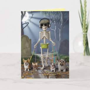 Carte de chien qui marche avec un squelette