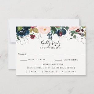 Carte de choix de repas RSVP de mariage Blush de l