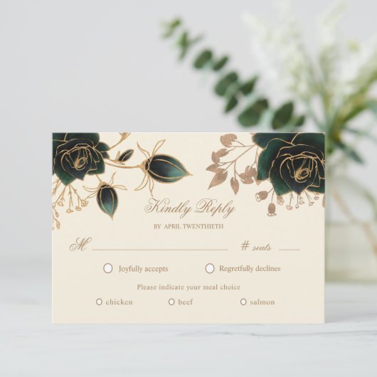 Carte de choix de repas RSVP Roses d'or Aquarelle (Debout devant)
