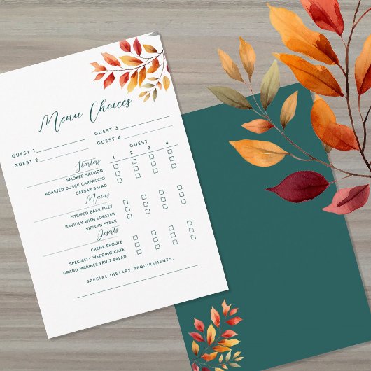 Carte de choix du menu Mariage de automne rustique