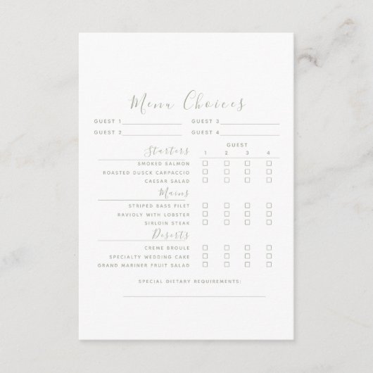 Carte de choix du menu Mariage vert Sage (Devant)