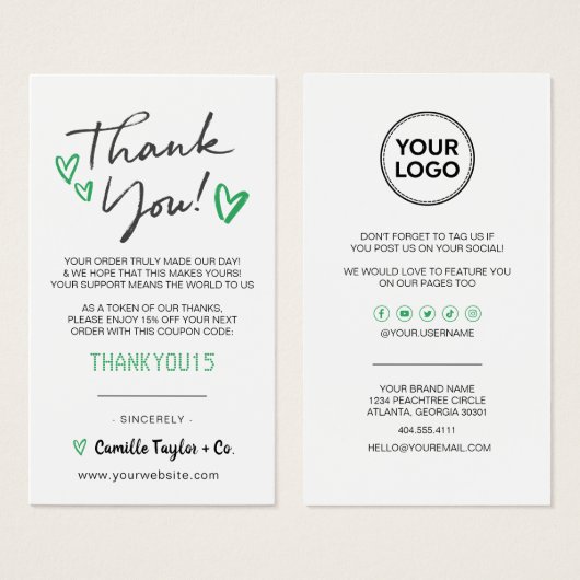 Carte de code de Merci d'affaires et de réduction  (Devant & derrière)