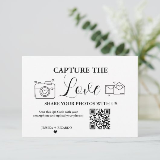 Carte de code QR de mariage Capture the Love, Cart (Debout devant)