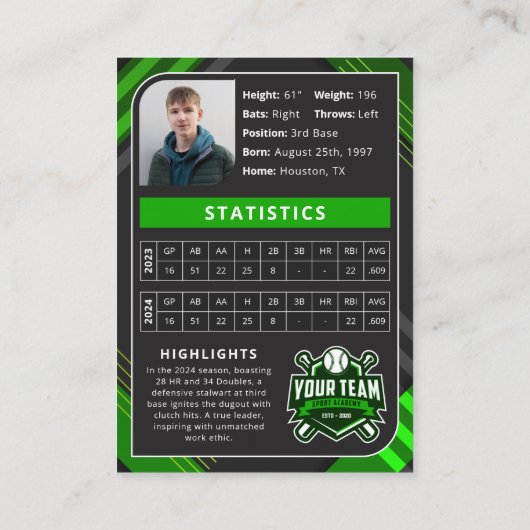 Carte de commerce Green & Black Pro Baseball (Dos)