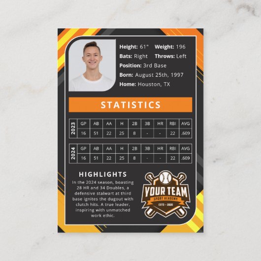 Carte de commerce Orange & Black Pro Baseball (Dos)