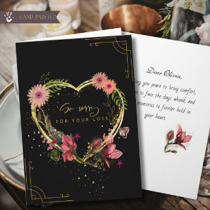 Carte de condoléances élégante à coeur floral noir