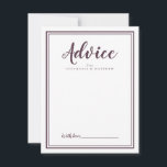 Carte de conseil à venir | Châssis Mariage moderne<br><div class="desc">Simple et élégante carte de conseil mariée récemment mariée dispose d'un design minimaliste avec une bordure à double cadre en cassis chic violet sur un arrière - plan blanc immaculé. Personnalisez avec vos noms. Un espace est prévu pour que votre client puisse ajouter ses conseils, ses voeux et sa signature....</div>