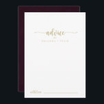 Carte de conseil du Mariage Gold Burgundy<br><div class="desc">Cette carte de conseil mariage en calligraphie bordeaux or est parfaite pour un mariage rustique. Le design sobre et élégant présente une typographie classique or et un script sophistiqué dans un marron et un arrière - plan blanc. Ces cartes sont parfaites pour un mariage, une douche nuptiale, un baby shower,...</div>