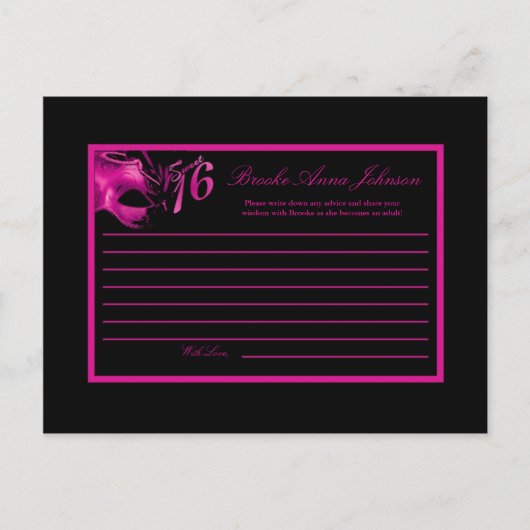 Carte de conseil écrit Sweet 16 Hot rose Black Par (Devant)