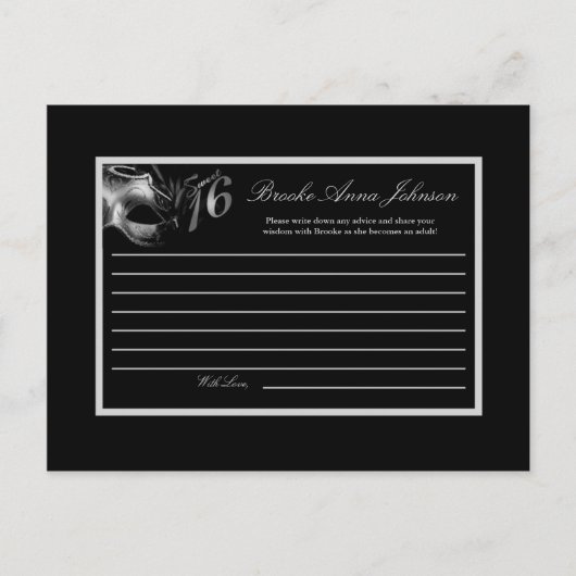 Carte de conseil écrit Sweet 16 Silver Black (Devant)