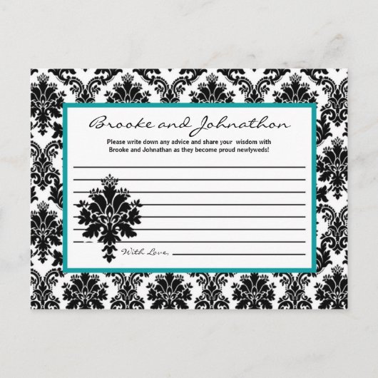 Carte de conseil écrite Black Turquoise Damask Lac (Devant)