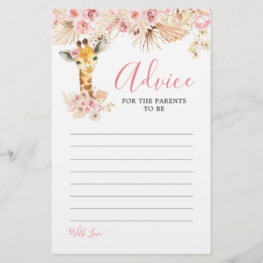 Carte de conseil en Baby shower de girafe Boho Ros (Devant)