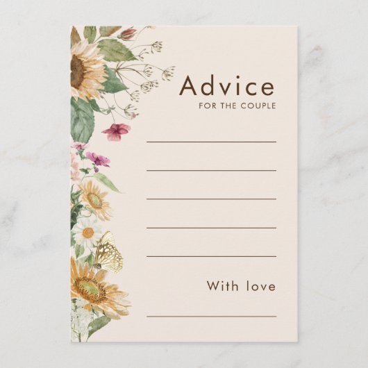 Carte de conseil Mariage beige Tournesol Rustique (Devant)