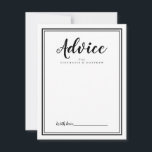 Carte de conseil moderne Mariage noir blanc nouvea<br><div class="desc">Une carte de conseil mariée simple et élégante présente un design minimaliste avec une bordure à double cadre en noir sophistiqué sur un arrière - plan blanc immaculé. Personnalisez avec vos noms. Un espace est prévu pour que votre client puisse ajouter ses conseils, ses voeux et sa signature. Les lettres...</div>