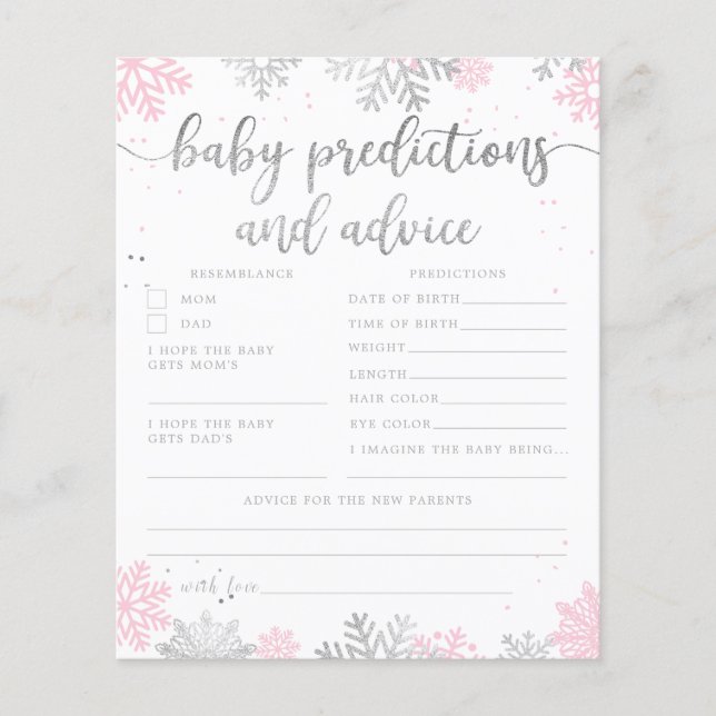 Carte de conseil pour bébé Pink Silver Snowflake B (Devant)