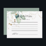 Carte de conseils de mariage à calligraphie d'euca<br><div class="desc">Cette carte de conseils de mariage à calligraphie d'eucalyptus doré est parfaite pour un mariage rustique. Ce design artistique présente un feuillage doré et vert peint à la main à l'aquarelle, inspirant une beauté naturelle. Ces cartes sont parfaites pour un mariage, une fête prénatale, une baby shower, une fête de...</div>