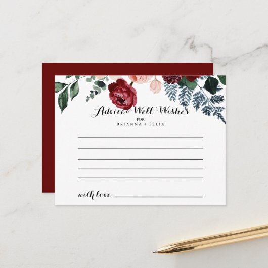Carte de conseils de mariage floral rose Bourgogne (Devant/Arrière en situation)