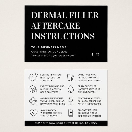 Carte de conseils de soins après-compléments dermi (Devant & derrière)