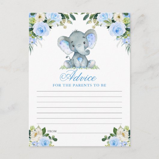 Carte de conseils éléphant floral bleu Baby Shower (Devant)