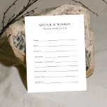 Carte de conseils et vœux de mariage sur mesure<br><div class="desc">Ces cartes de conseils de mariage personnalisées sont un ajout parfait à votre célébration. Les invités peuvent offrir des conseils sincères aux mariés ou partager leurs meilleurs vœux de mariage. Idéal pour collecter des notes mémorables lors d'une douche de mariée ou d'un mariage, ces cartes font un souvenir significatif pour...</div>