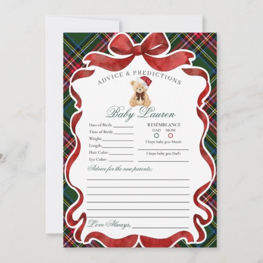 Carte de conseils pour bébé avec ours de Noël à ca (Devant)