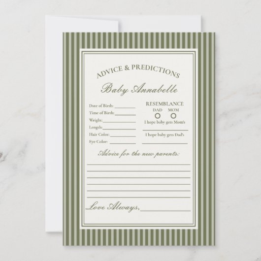 Carte de conseils pour bébé rayée verte Martini Ol (Devant)