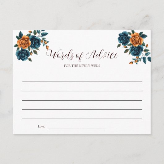 Carte de conseils pour mariage sarcelle et orange (Devant)