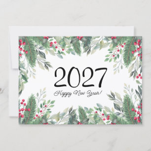 Carte De Correspondance 2027,Bonne année ! feuillage de fêtes baies rouges