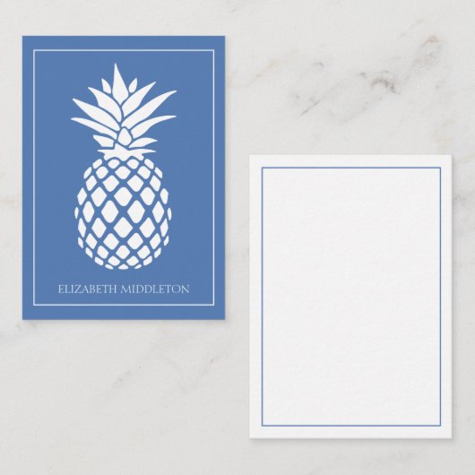 Carte De Correspondance Ananas blanc chic sur fond bleu (Devant / Derrière)