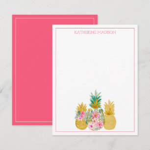 Carte De Correspondance Ananas floraux tropicaux rose et or