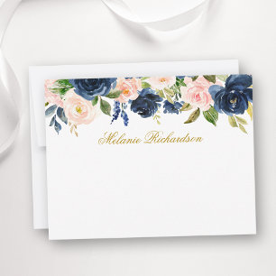 Carte De Correspondance Aquarelle bleu rose Floral Personnalisé Or