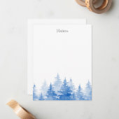 Carte De Correspondance Aquarelle bleue Arbres À feuillage persistant (Devant/Arrière en situation)